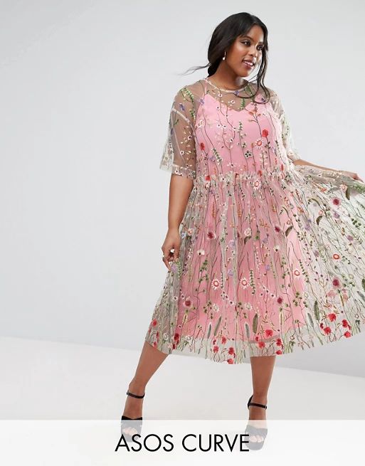 ASOS CURVE SALON Embroidered Smock Longer Length Midi Dress | ASOS US
