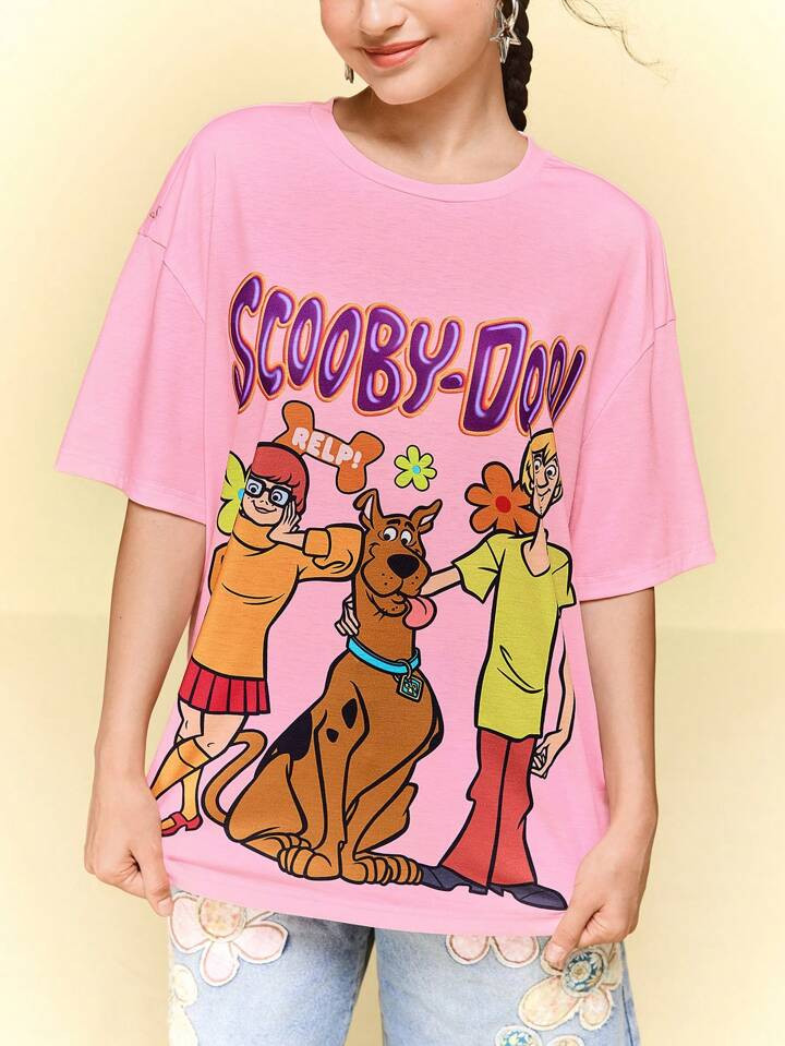 SCOOBY-DOO X SHEIN Women's Casual Cartoon & Letter Graphic Dropped Shoulder Loose T-Shirt, Summer | SHEIN