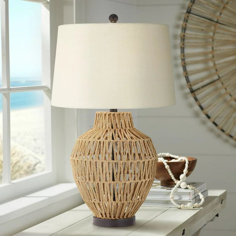 360 Lighting Modern Coastal Table Lamp 27" Tall Natural Wicker Black Metal Oatmeal Drum Shade Liv... | Walmart (US)