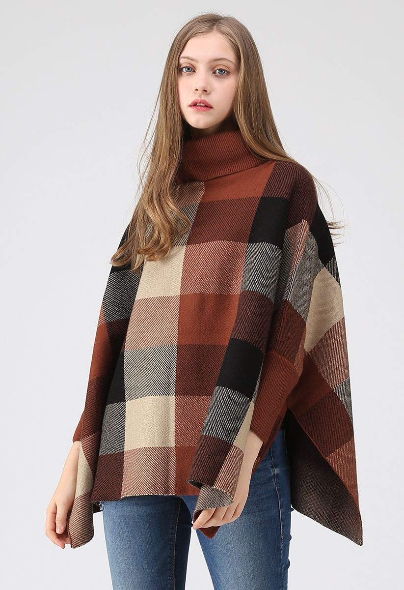 Lie in Check Fields Turtleneck Cape Sweater in Caramel | Chicwish