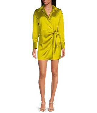 Gianni Bini Avery Long Sleeve Satin Point Collar Neck Faux Wrap Dress | Dillard's | Dillard's