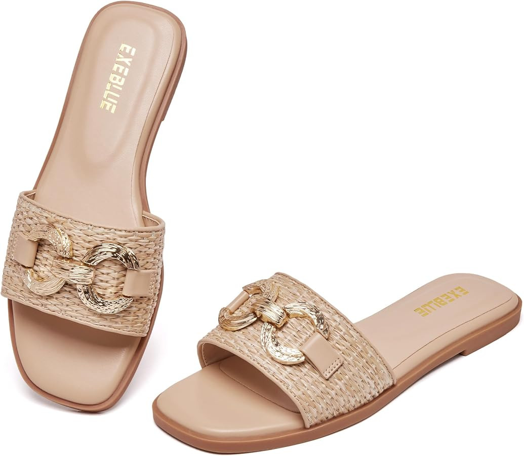 Women's Flat Slide Sandals Summer Dressy Open Toe Sandal Fashion Slip On Beach Sandals | Amazon (US)