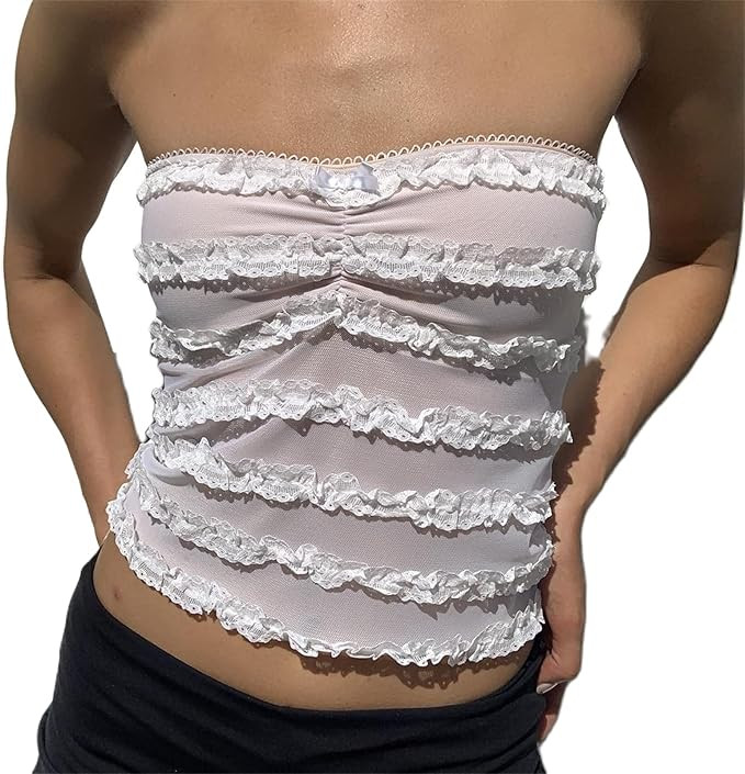 Womens Y2k Sexy Sheer Lace Frill Strapless Tube Crop Tops Fairy Grunge Sleeveless Summer Bandeau ... | Amazon (US)