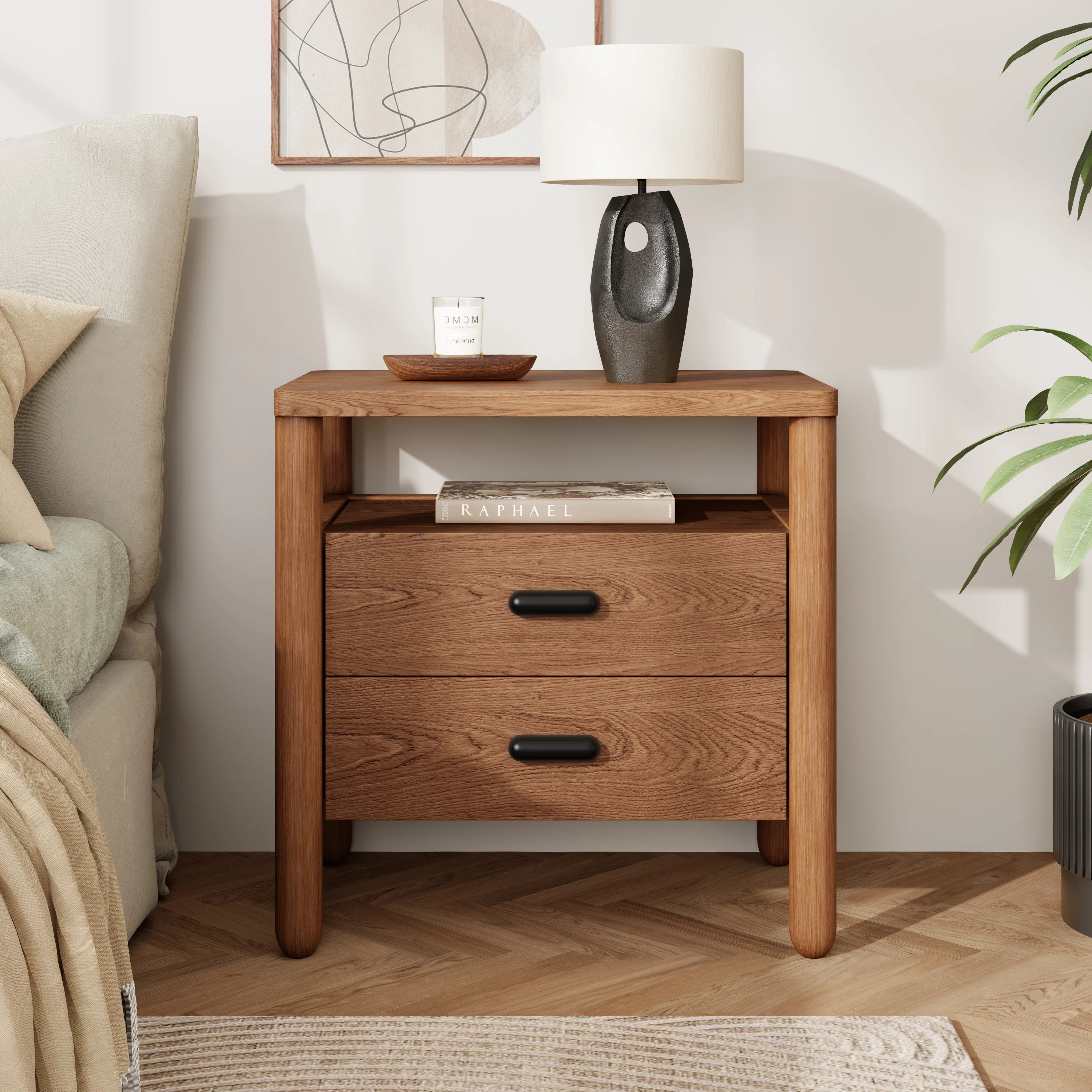 Lane Modern 2-Drawer Nightstand with Open Shelf & Rounded Wood Legs | Wayfair North America