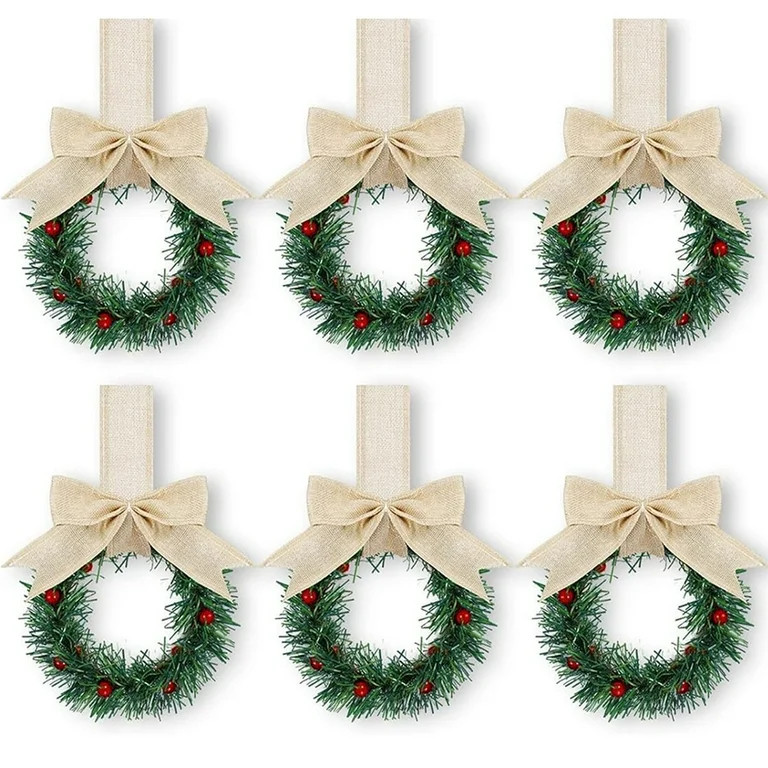 Vorkoi 6PCS Christmas Kitchen Cabinet Wreaths with Plaid Bow Ribbon Hanging Cabinet Doors Wreaths... | Walmart (US)