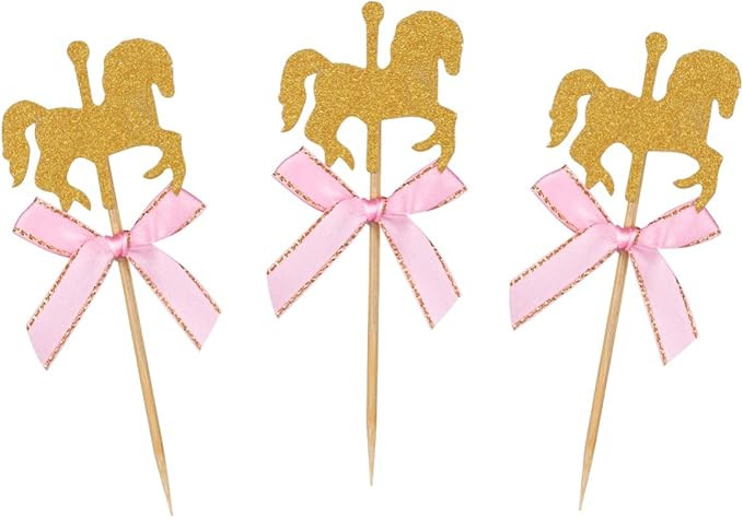 TOYANDONA 20 Pcs Carousel Cake Toppers, Gold Glitter Carousel Horse Cupcake Cake Toppers with Pin... | Amazon (US)
