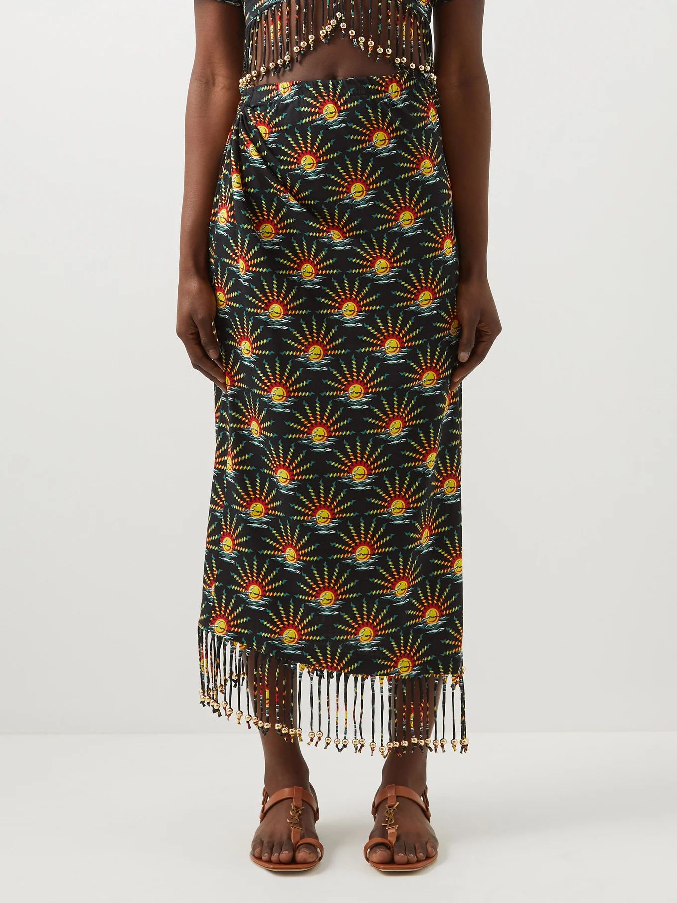 Sunrise-print fringed cotton-jersey midi skirt | Matches (US)