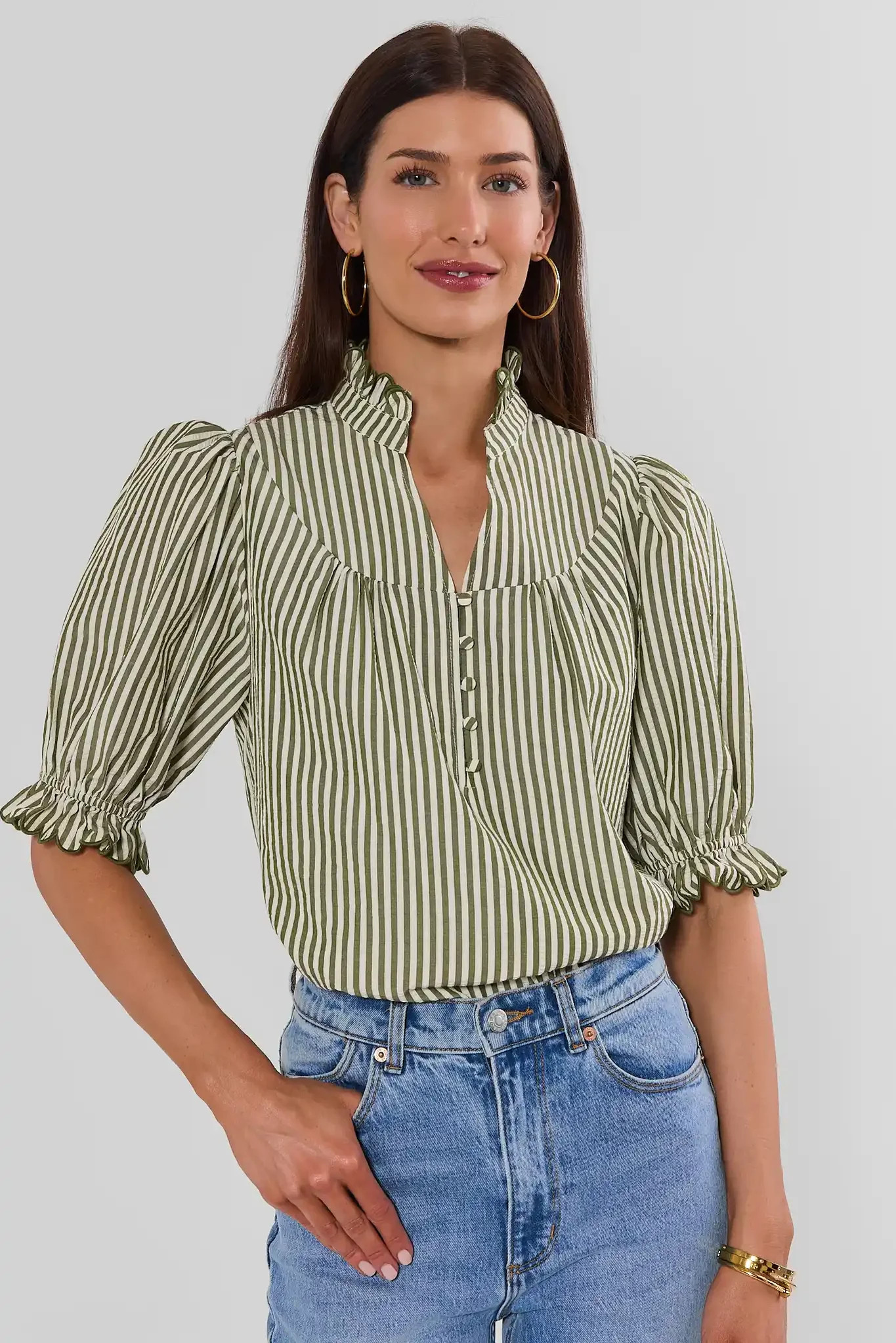 Hailey Green Striped Ruffle Trim Top | Avara