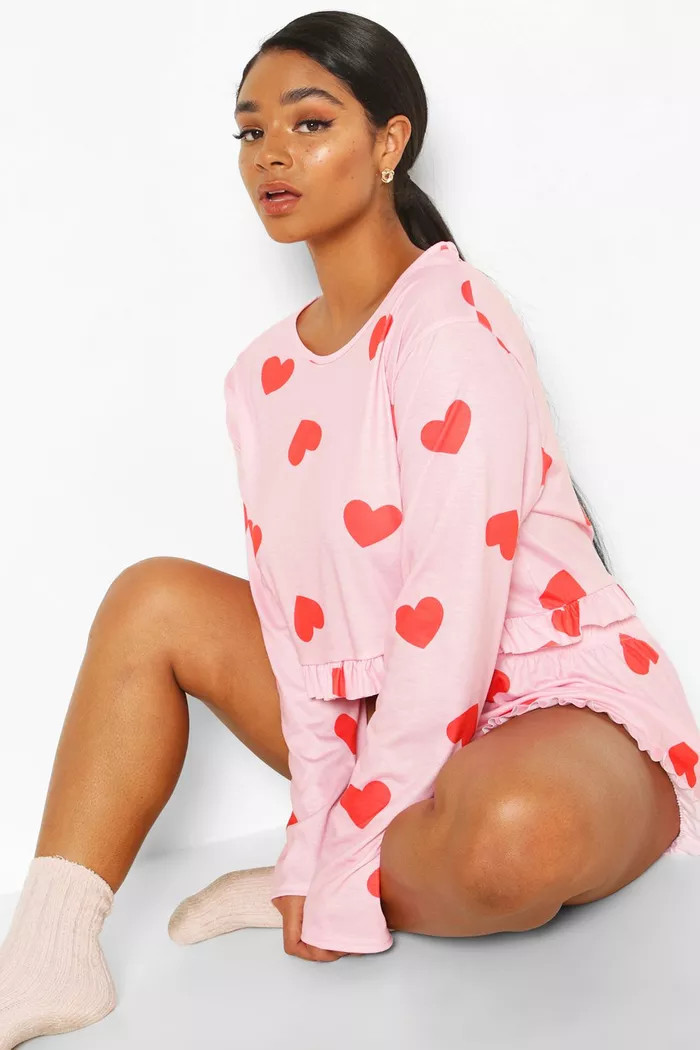 Plus All Over Heart Frill Pj Set | boohoo (US & Canada)