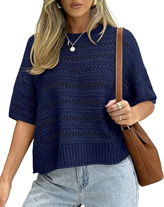 KIRUNDO Short Sleeve Sweater for Women Oversized Summer Crochet Tops Knit Pullover Beach Cover Up... | Amazon (US)