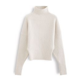 Batwing Sleeves Turtleneck Rib Knit Sweater in Cream | Chicwish