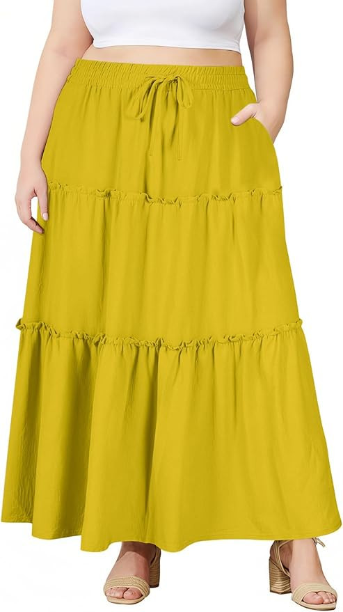 Moon Wood Plus Size Maxi Skirts for Women Trendy Long Flowy Boho Tiered Skirt Renaissance Summer ... | Amazon (US)