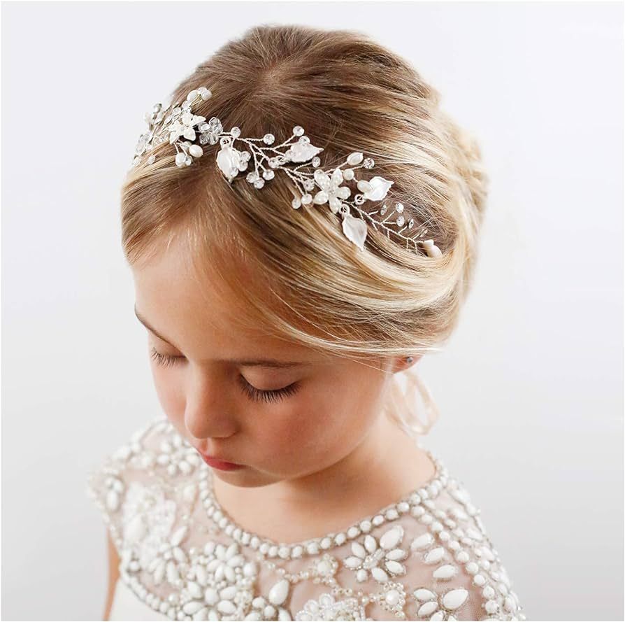 SWEETV Flower Girl Headpiece Silver Princess Wedding Headband -Baby Girls Flower Pearl Hair Acces... | Amazon (US)