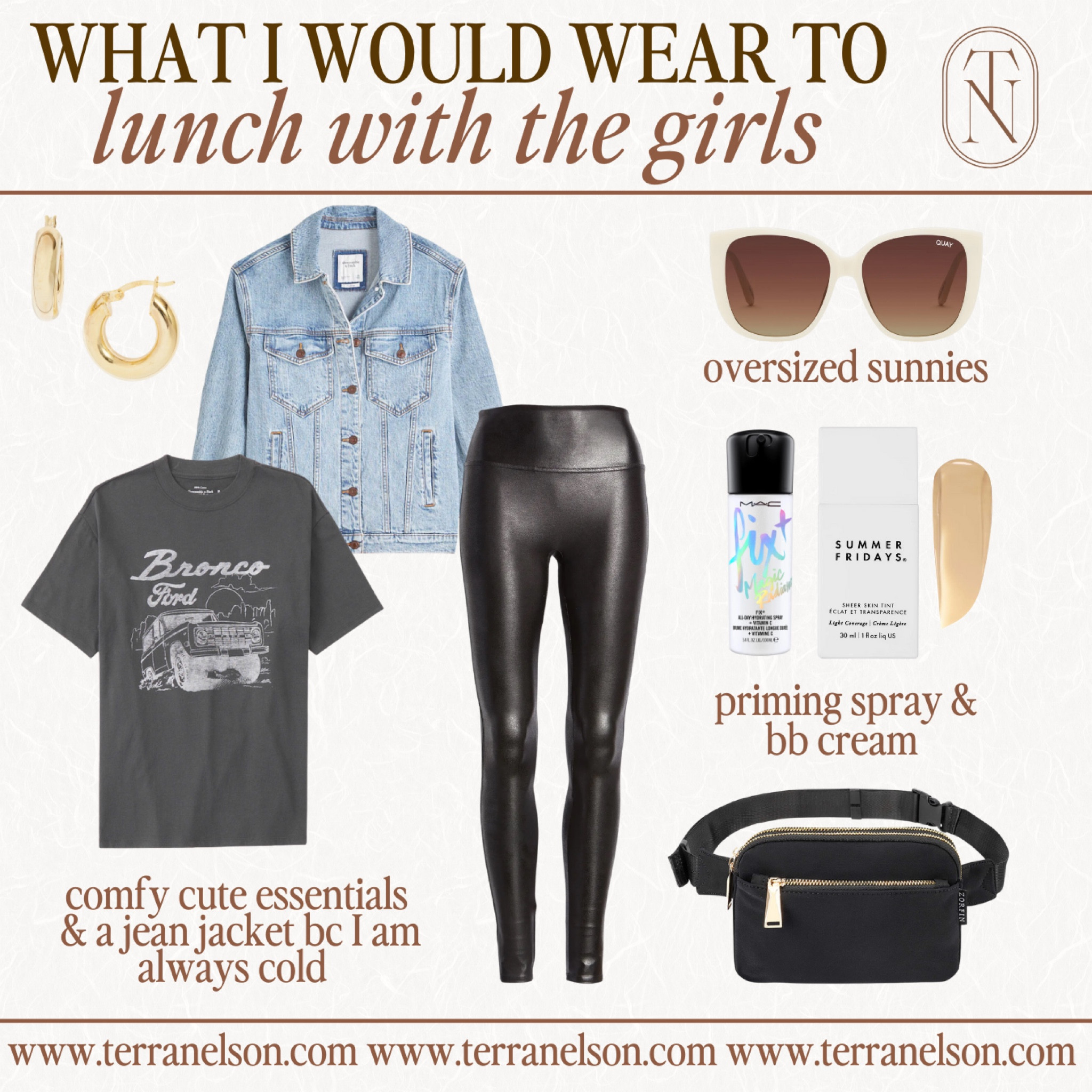 Spring outfits / lunch outfits / aesthetic outfits / spanx leggings / oversized sunglasses / denim jacket / priming spray / graphic tees / faux leather leggings

#LTKstyletip #LTKFind #LTKhome