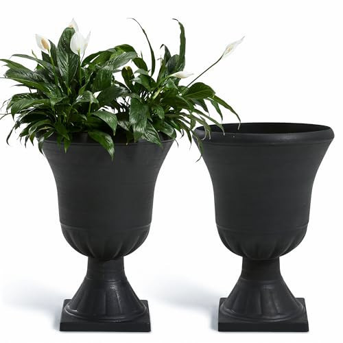 Worth Garden 2-Pack Plastic Urn Planters for Outdoor Plants, 22'' Black Tall Round Classic Resin Traditional Flower Pots - 15 in. Dia Large Imitation Stone Decorative Pot Patio Deck Front Porch | Amazon (US)