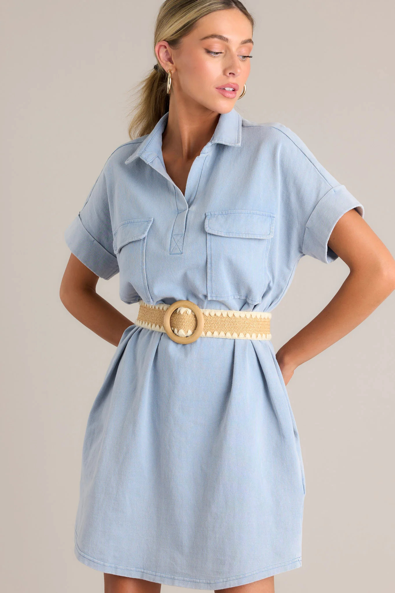 Metropolitan Mood Light Chambray Collared Mini Dress | Red Dress