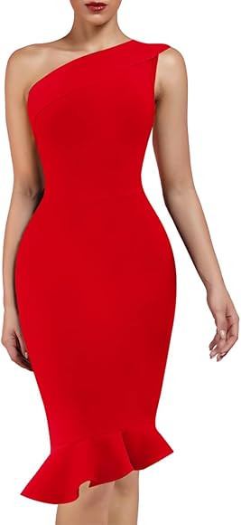 UONBOX Women's One Shoulder Sleeveless Bodycon Dress Midi Mermaid Party Bandage Dress | Amazon (US)