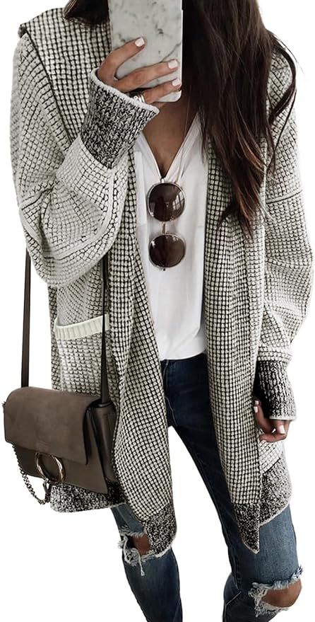 Sidefeel Women Hooded Cardigan Oversized Open Front Chunky Knit Plaid Sweaters | Amazon (US)