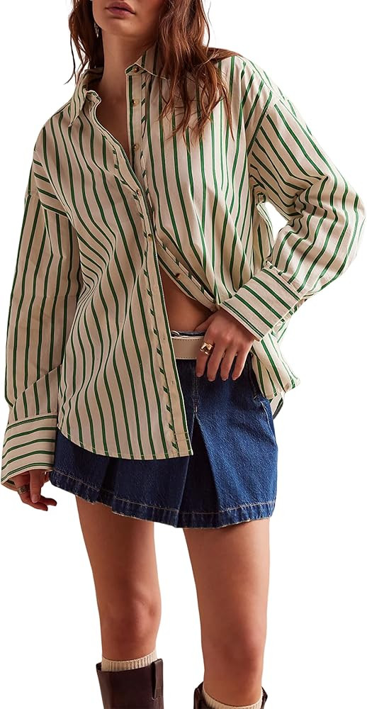 Womens Button Down Shirt Oversized Blouse Striped Casual Long Sleeve Tops Work Clothes | Amazon (US)