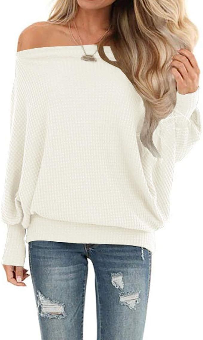 Lacozy Women’s Waffle Knit Off The Shoulder Tops Oversized Long Sleeve Tunic Shirts Pullover Sw... | Amazon (US)