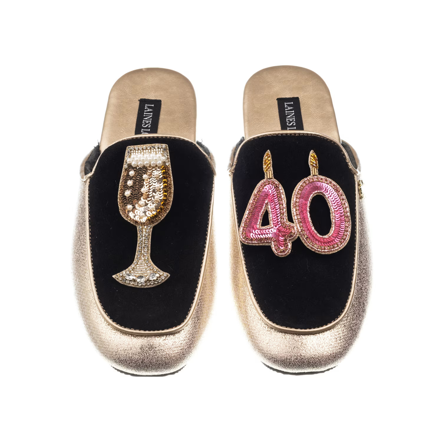 Classic Mules With 40Th Birthday & Glass Of Champagne Brooches - Black & Gold | Wolf & Badger