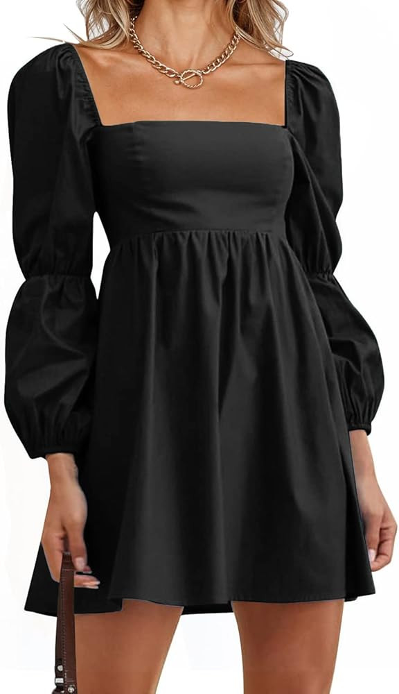 PRETTYGARDEN Women's Fall Long Puff Sleeve Babydoll Dress Casual Square Neck Elastic Waist Ruffle... | Amazon (US)