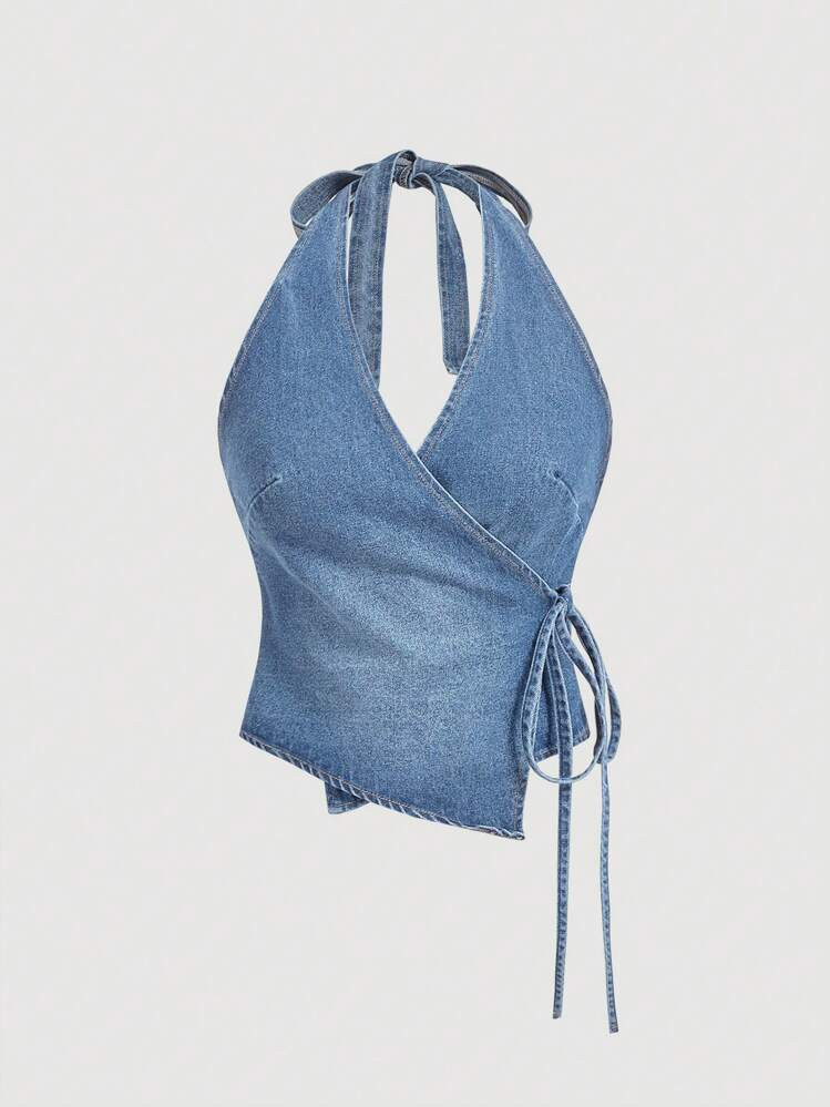 SHEIN MOD Women Tie Back Simple Denim Crop Top, Casual Everyday Wear | SHEIN