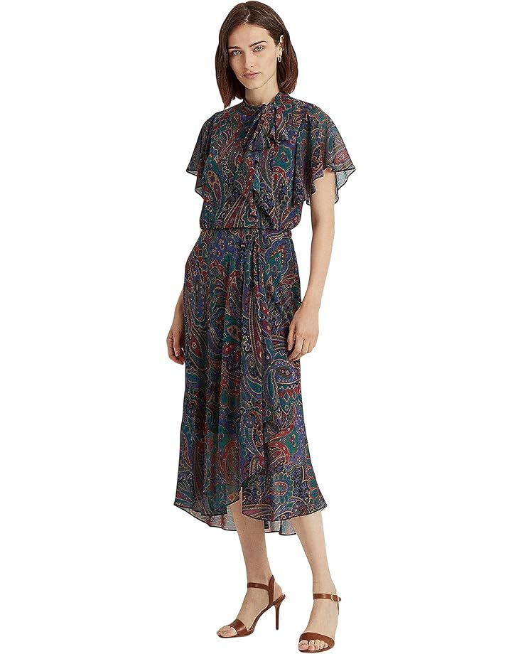 LAUREN Ralph Lauren Paisley Georgette Tie Neck Dress | Zappos