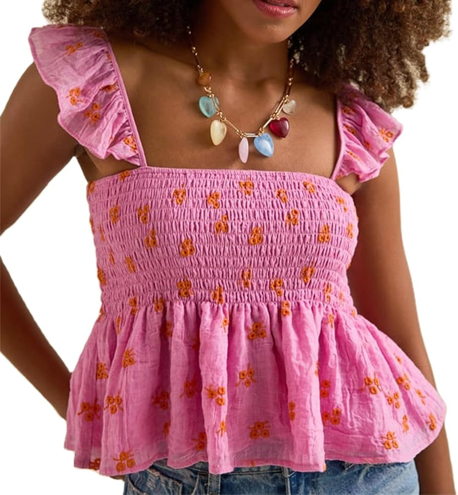 Women Y2k Smocked Floral Tank Top Casual Square Neck Backless Peplum Crop Top Cute Flutter Cap Sl... | Amazon (US)
