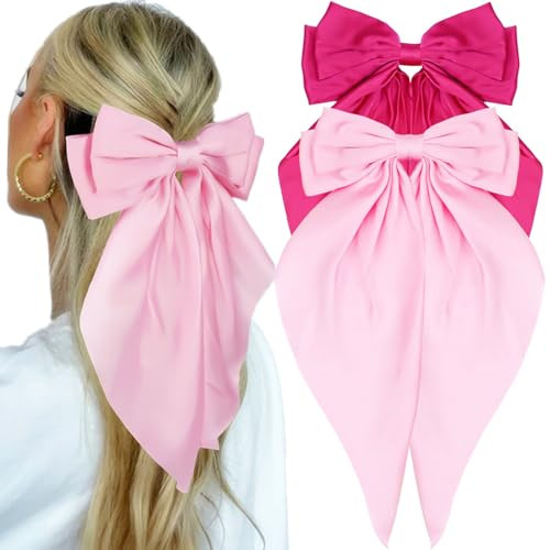 Pink Hair Bows for Women Girls, Hot Pink Bows for Hair Bow Clips, 2PCS Satin Hair Bows with Long Tail Alligator Hair Clips, Big Hair Bows for Girls Coquette Bows Hair Ribbon Accessories | Amazon (US)