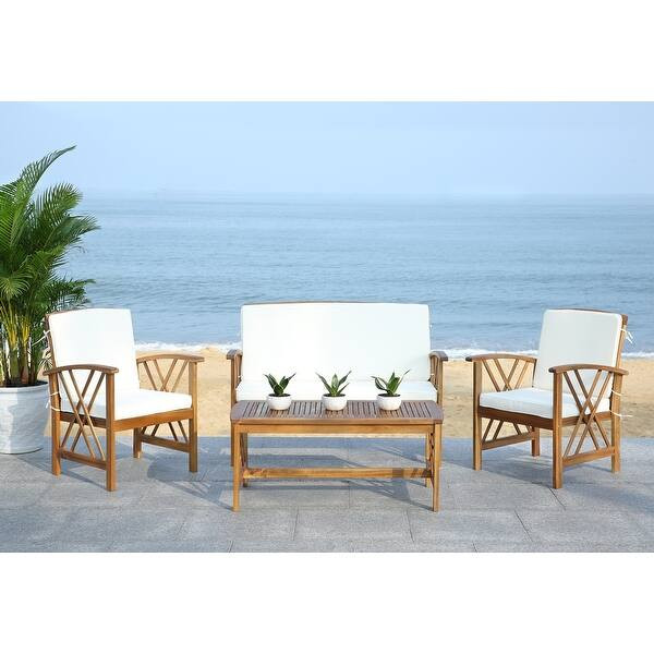 SAFAVIEH Outdoor Fontana 4-piece Acacia Wood Patio Conversation Set - Overstock - 9003745 | Bed Bath & Beyond