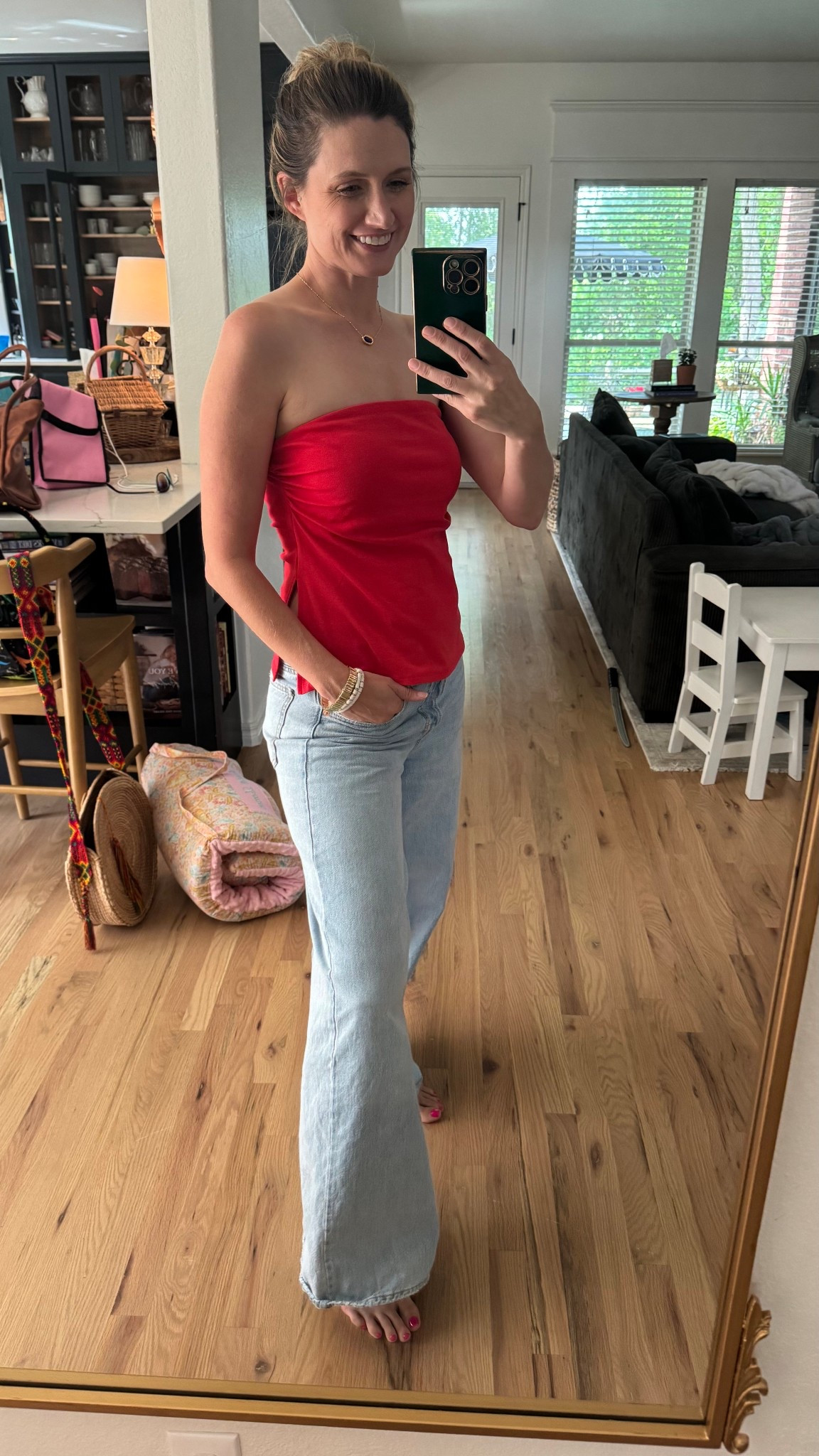Target order online! ❤️🤍💙 medium top and size 8 jeans (145 5’7”) 
My butt was too big for size six haha!

Summer, sale, red white blue outfit, wide leg jean, 
