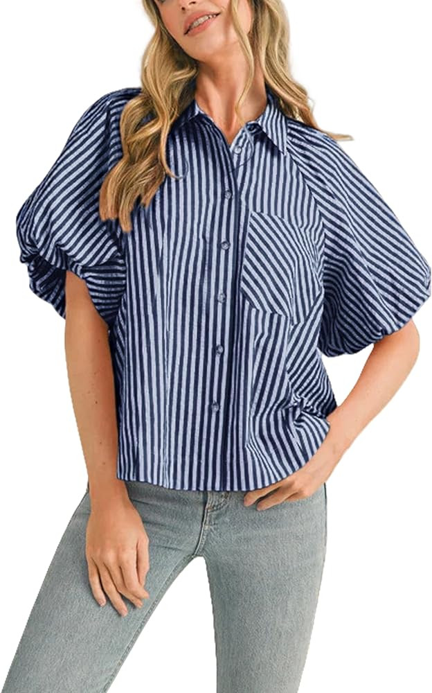 Women's Striped Button Down Shirt Puff Sleeve Collared V Neck Loose Casual Dressy Blouse Top | Amazon (US)