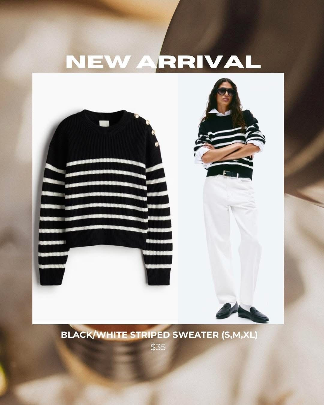 Black/White Striped Sweater with Gold Button Details (S,M,XL)
$35

#LTKsalealert #LTKfindsunder50 #LTKover40