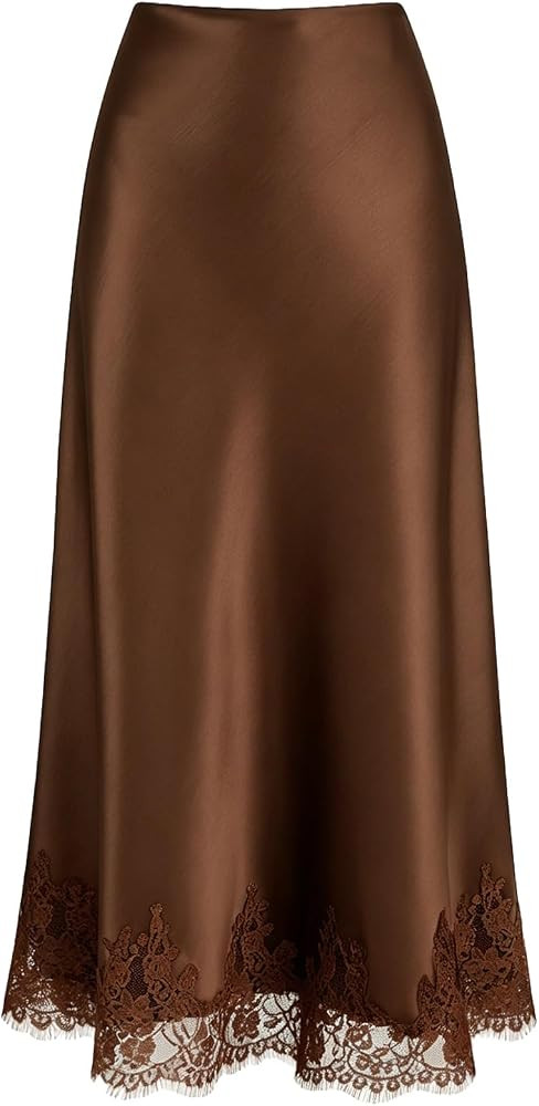 VividMosaic Lace Trim Satin Midi Skirt High Waisted Long Skirt for Women | Amazon (US)