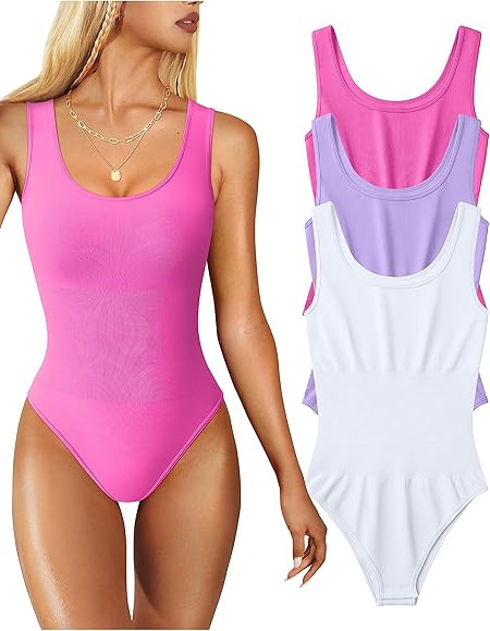 OQQ Women's 3 Piece Bodysuits Sexy Sleeveless Round Neck Shapewear Tank Tops Bodysuits | Amazon (US)