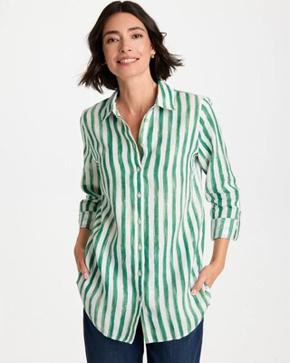 Women's No Iron Striped Linen Tunic in Hunter Green | Chico's | Chico's