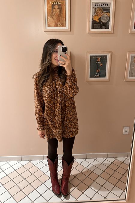 Cold weather outfit- doen mini dress, the perfect chocolate brown tights, and red cowboy boots. 