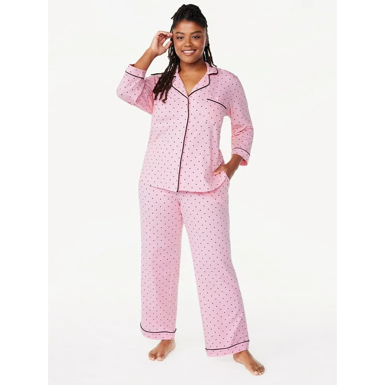 Joyspun Women’s Cotton Blend Notch Collar Top and Pants Pajama Set, 2-Piece, Sizes S-4X - Walma... | Walmart (US)