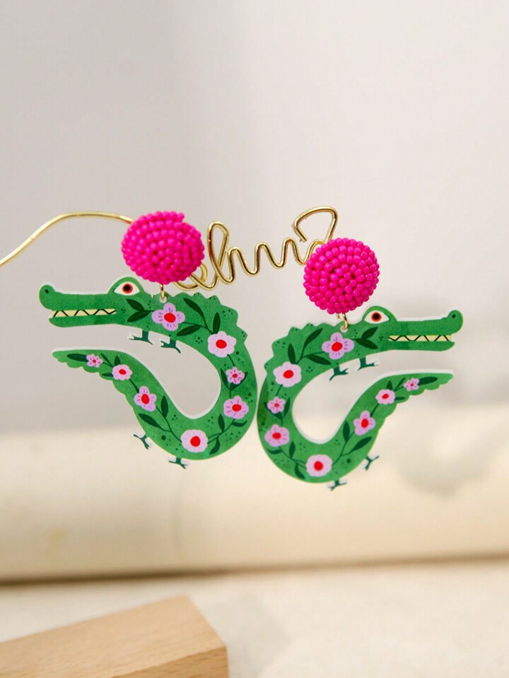 Acrylic Wooden Earrings Funny Cute Statement Handmade Seed Beaded Stud Earrings Alligator Animal ... | SHEIN