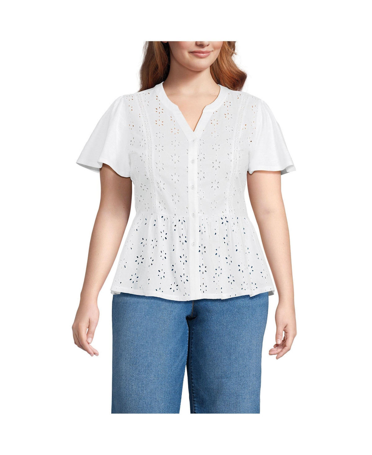 Lands' End Women's Plus Size Short Sleeve Mixed Media Eyelet Top - White | Macy's