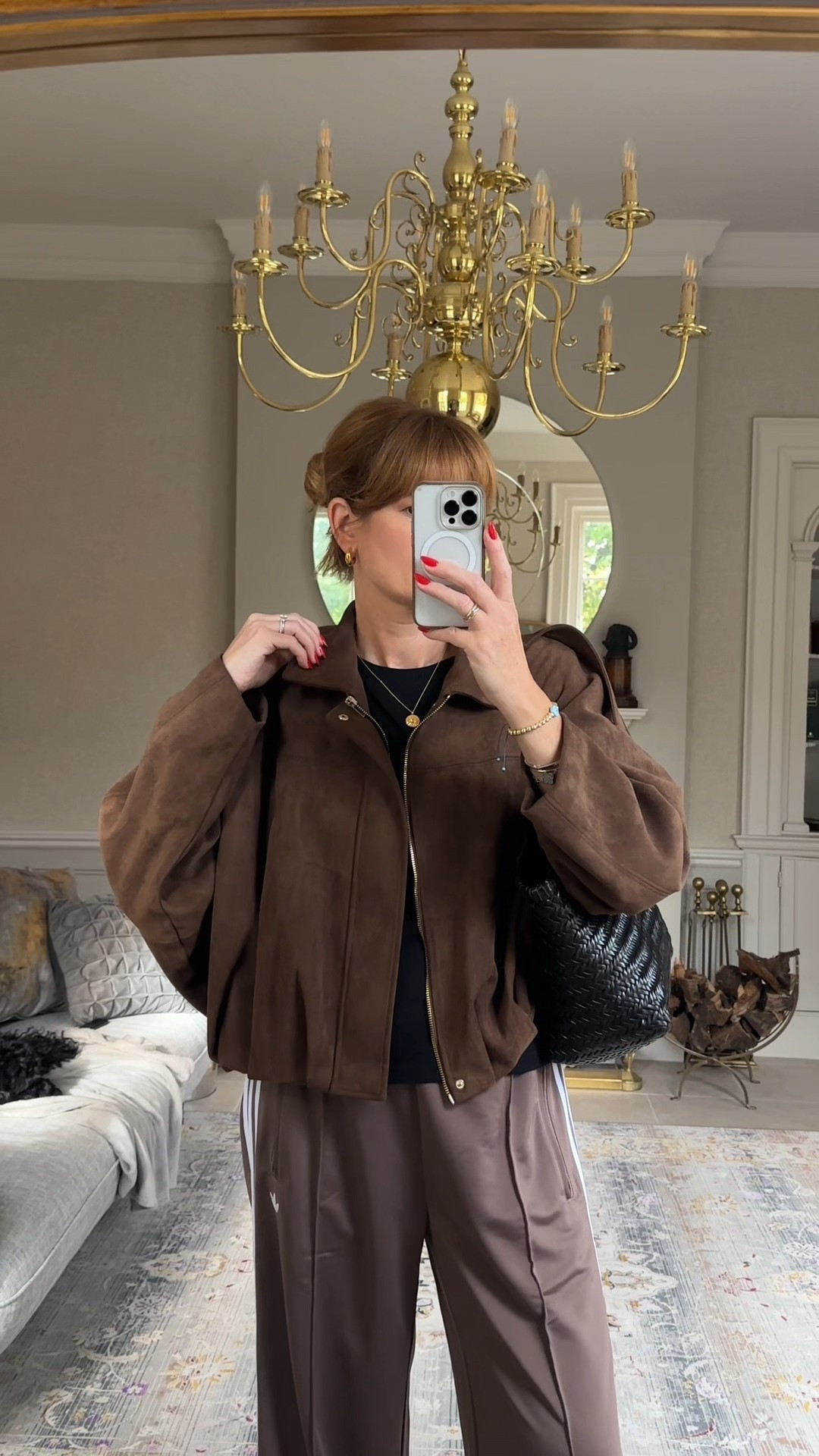 Easy school run outfit 
Adidas track pants size M
Zara suede look jacket size L
Black tee 
Black flip flops 

#LTKstyletip #LTKautumn #LTKuk
