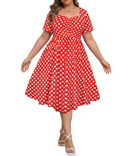 RITERA Plus Size Dresses for Curvy Women Red Polka Dots Disney Minnie Mouse Cosplay Summer Midi A Line Dress Sweetheart Neck Short Sleeve Casual Flowy Sundress Empire Waist with Pocket 3XL 22W 24W | Amazon (US)