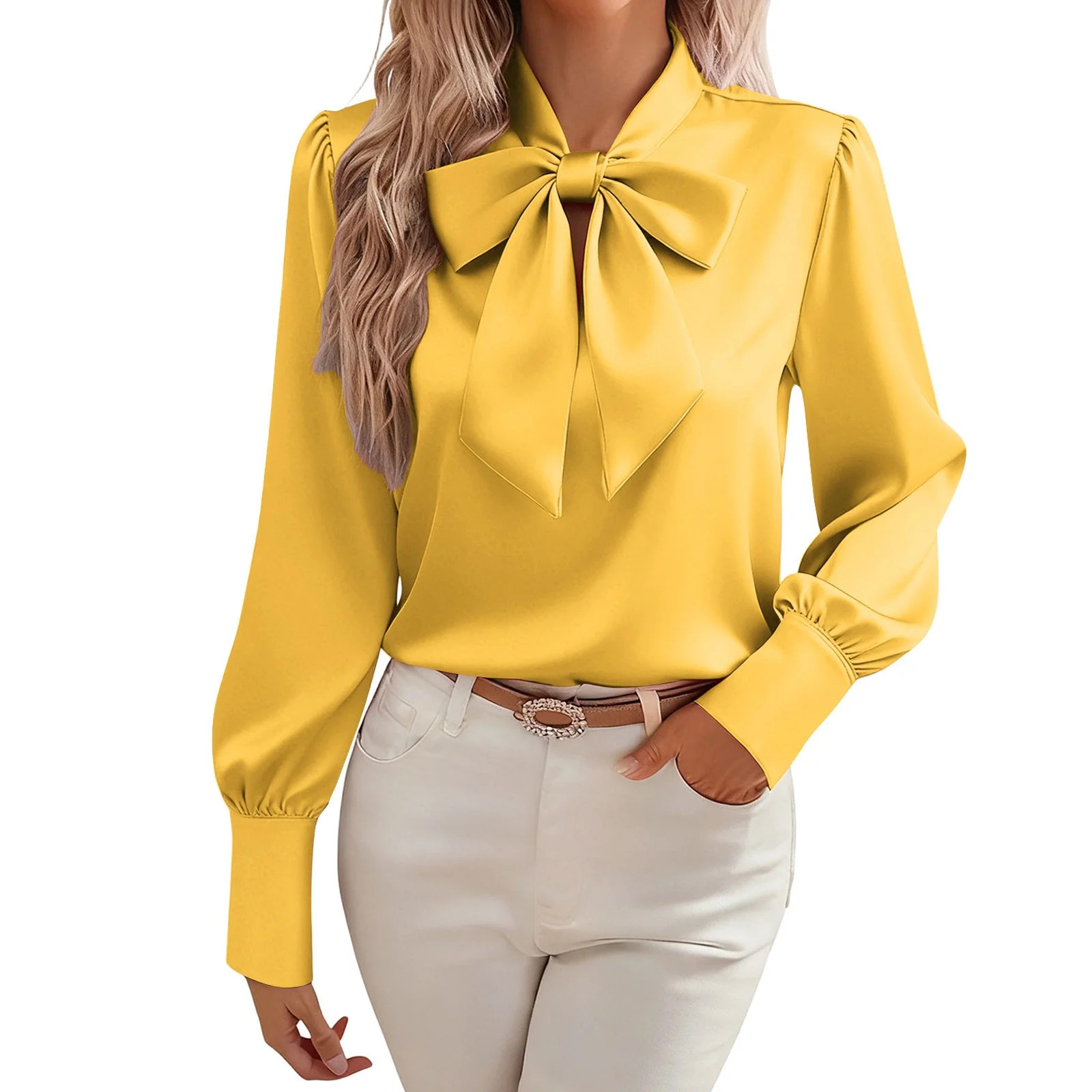 QSAWXQZ Women's Satin Silk Blouse Bow Tie Neck Long Sleeve Solid Pullover Dressy Shirt Yellow M | Walmart (US)