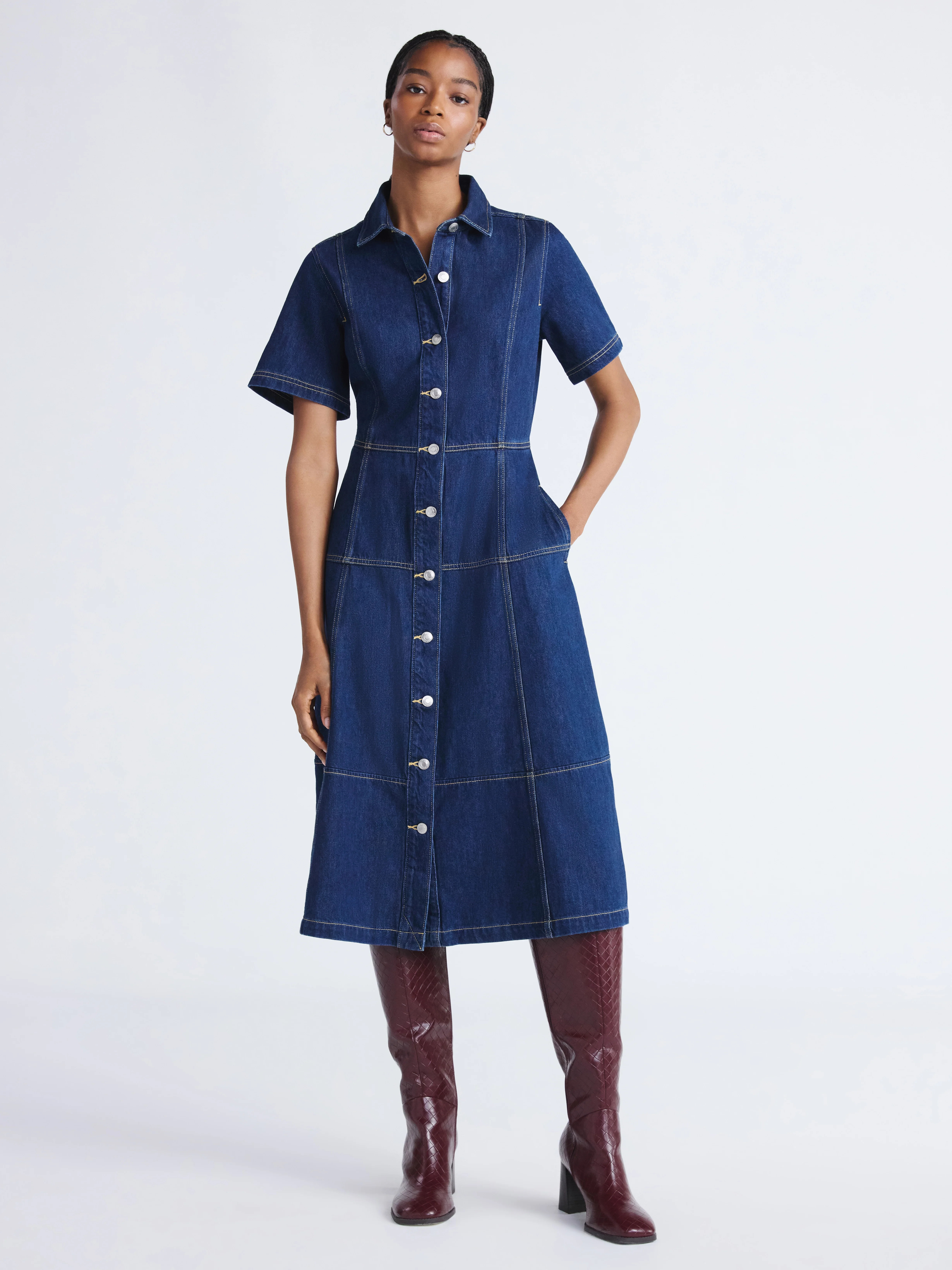 Free Assembly Women's and Women's Plus Button Front Panel Denim Midi Dress with Short Sleeves, Si... | Walmart (US)