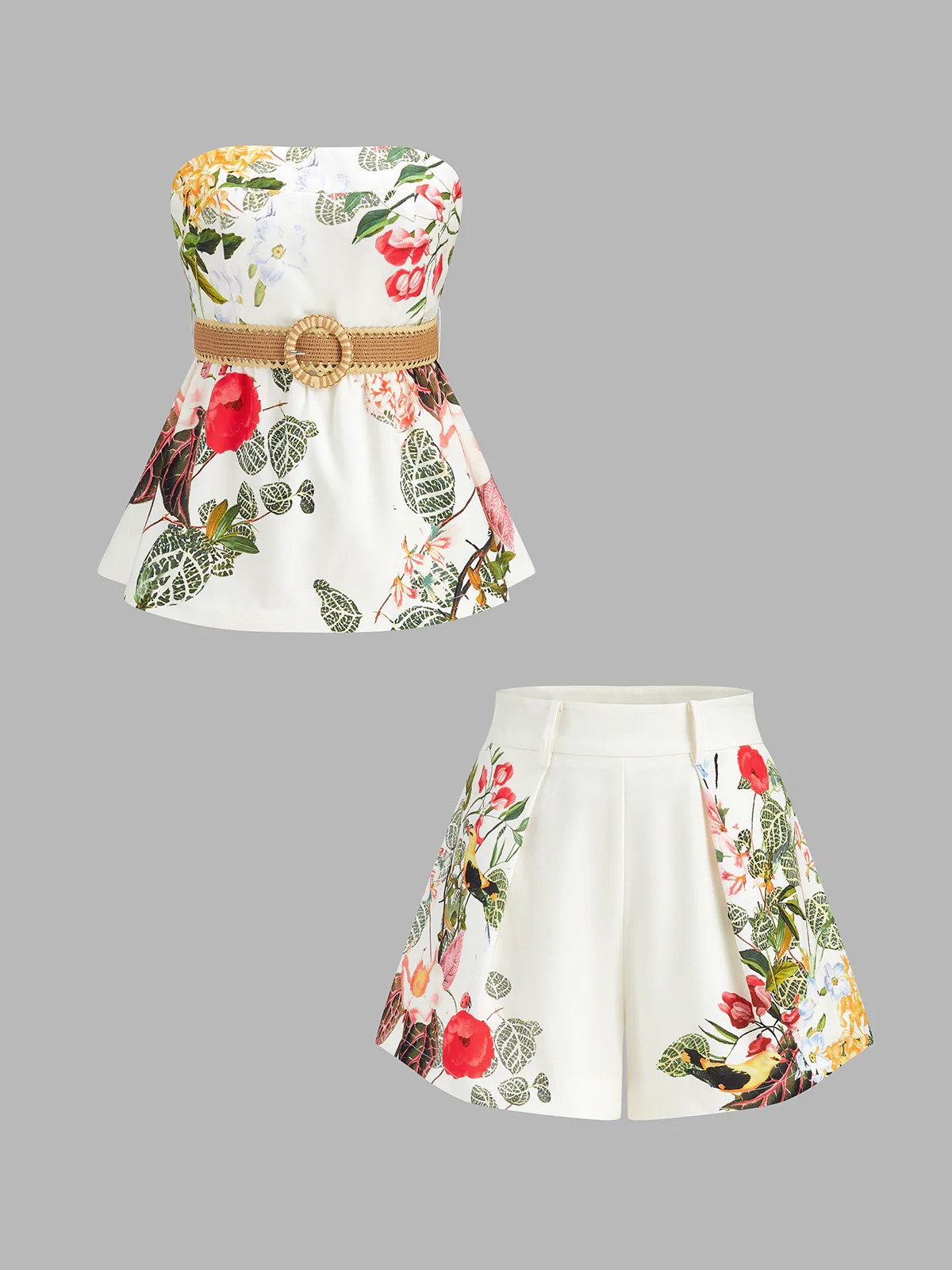 Floral Print Belted Strapless Top & Shorts Set | Commense
