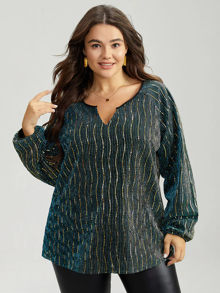 Sequin Notched Lantern Sleeve Blouse | Bloomchic