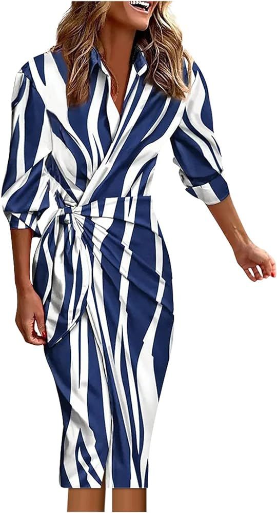 Women's Maxi Dress One Piece Mid-Length Dress Fall Shirt Lace Up Piece Midi Dress Summer Clothes ... | Amazon (US)