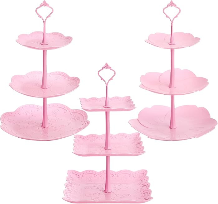 Tosnail 3 Pack 3 Tiers Plastic Cupcake Stand Dessert Stand Tiered Serving Trays with Pink Rod Can... | Amazon (US)