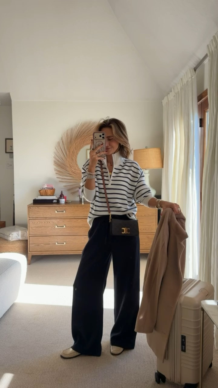 Travel look of the day, layering and my favorite pull up pants in navy. I wear a small for roomy fit, so comfortable but polished to arrive

#LTKootd #LTKTravel #LTKOver40